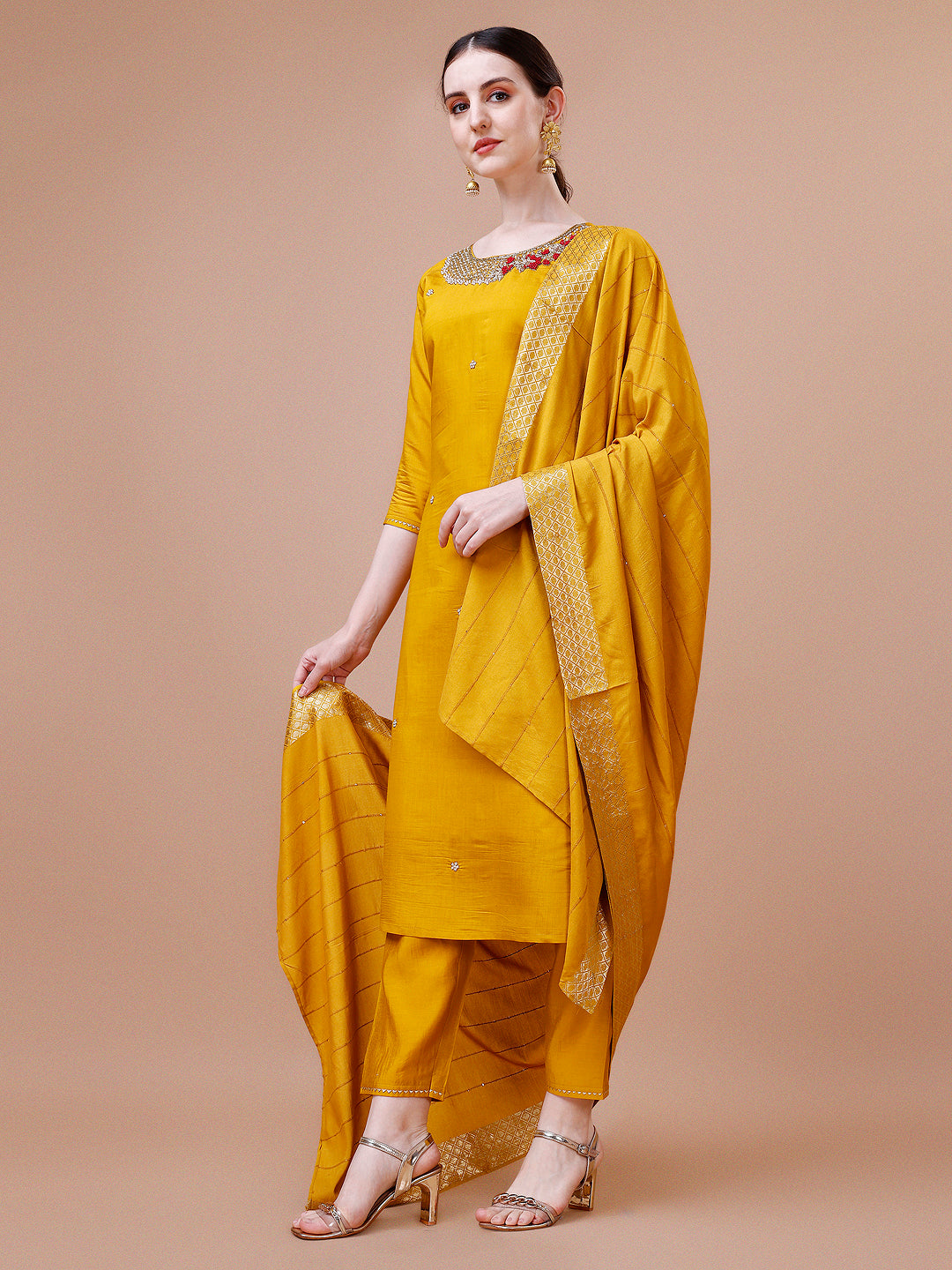 Hand Embroidered And Embellished Kurta With Pant And Dupatta Set, Multicolor - Hiral Fashion | Grocsy