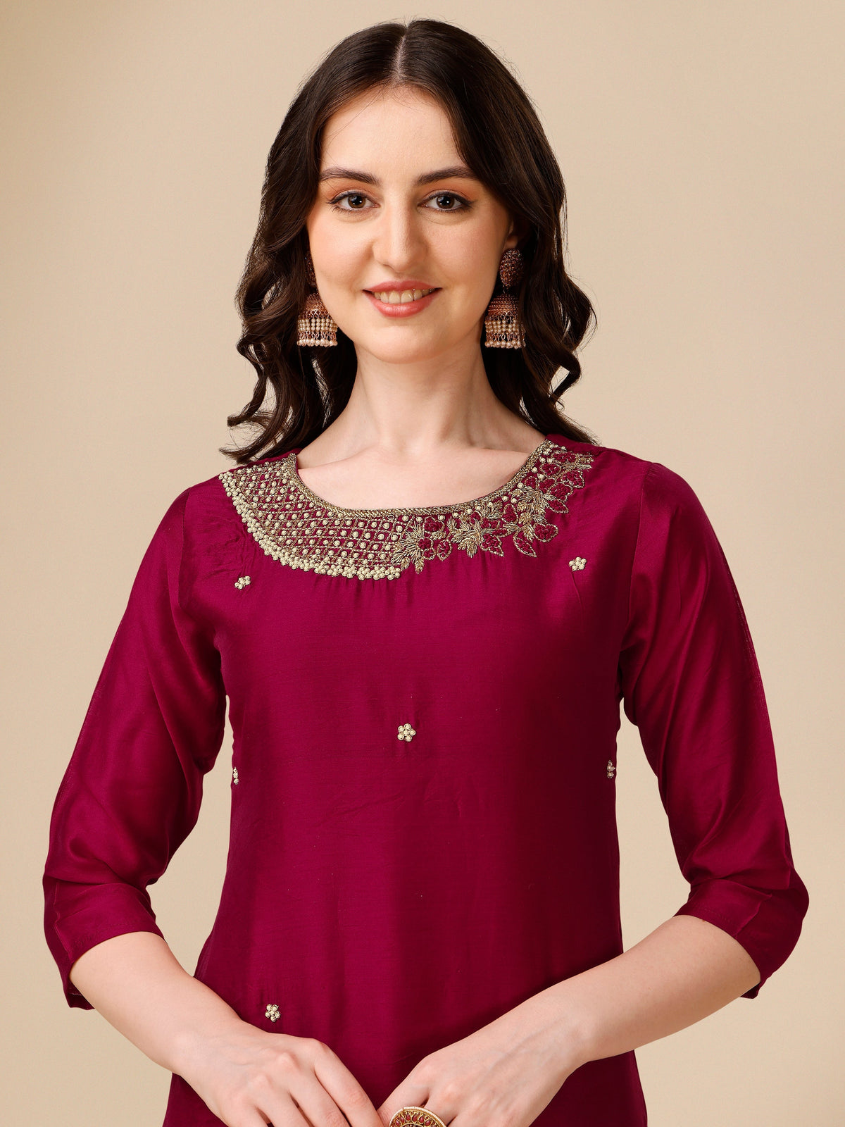 Hand Embroidered Kurta With Pant And Dupatta Set, Multicolor - Hiral Fashion | Grocsy