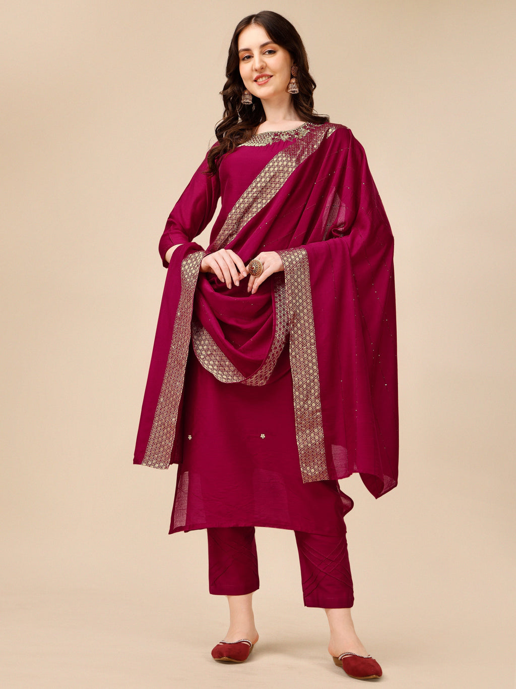 Hand Embroidered Kurta With Pant And Dupatta Set, Multicolor - Hiral Fashion | Grocsy