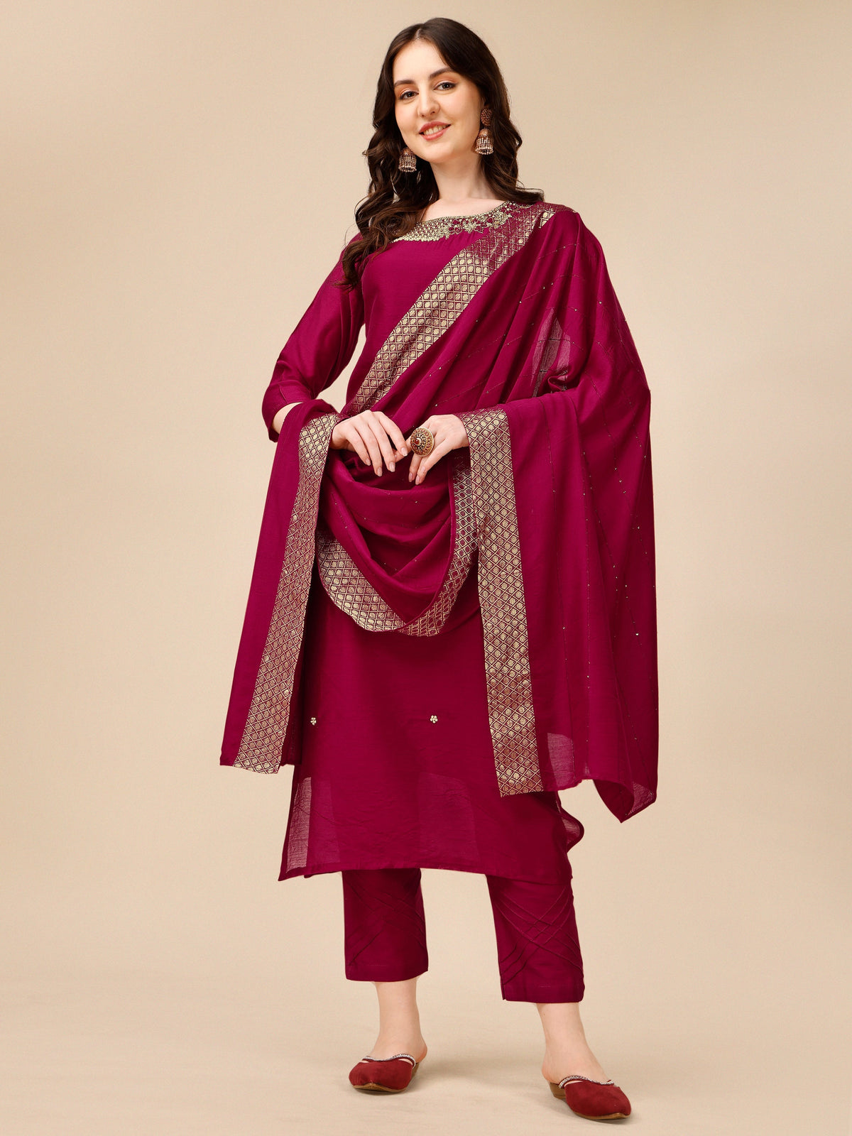 Hand Embroidered Kurta With Pant And Dupatta Set, Multicolor - Hiral Fashion | Grocsy