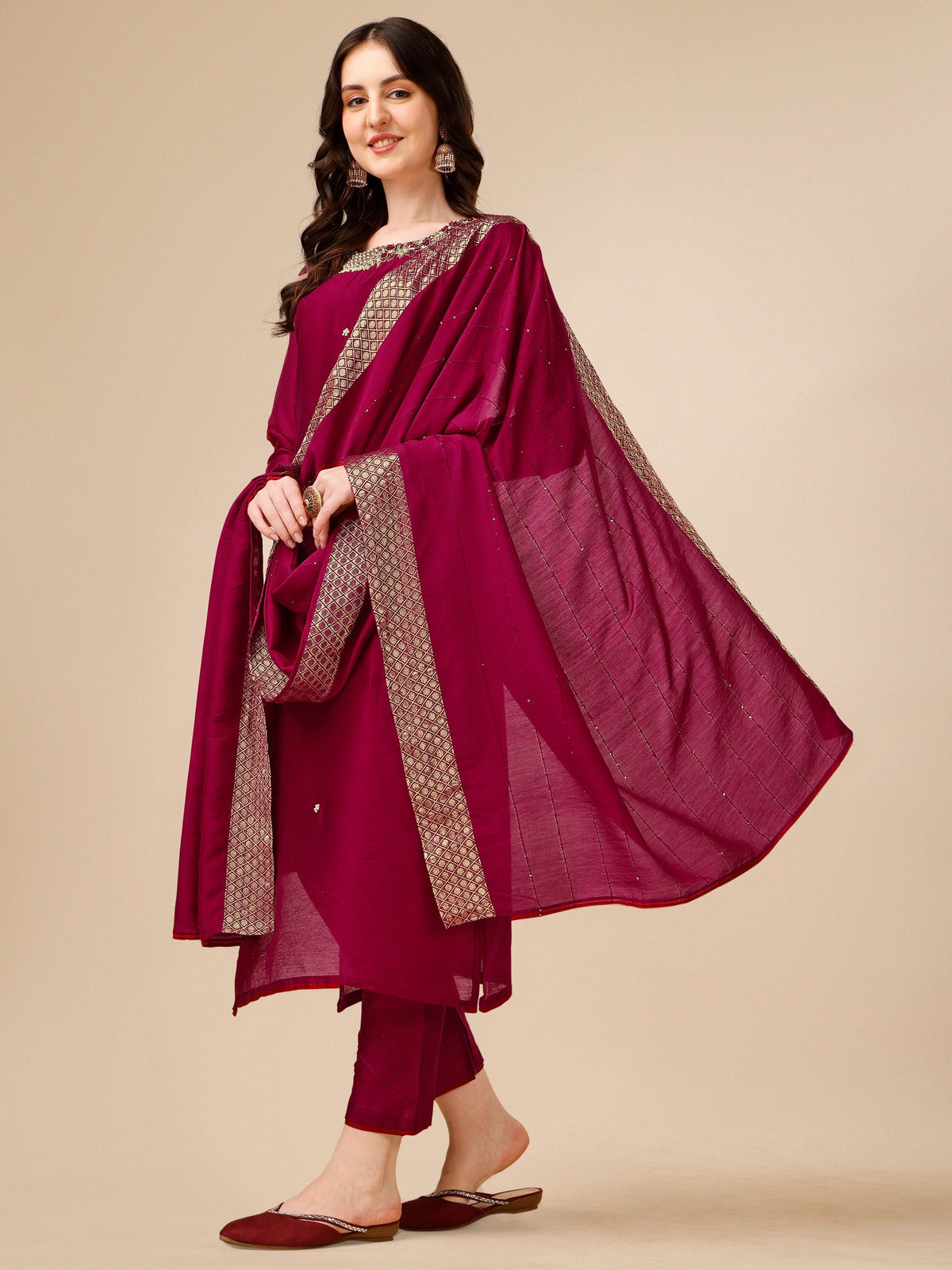 Hand Embroidered Kurta With Pant And Dupatta Set, Multicolor - Hiral Fashion | Grocsy