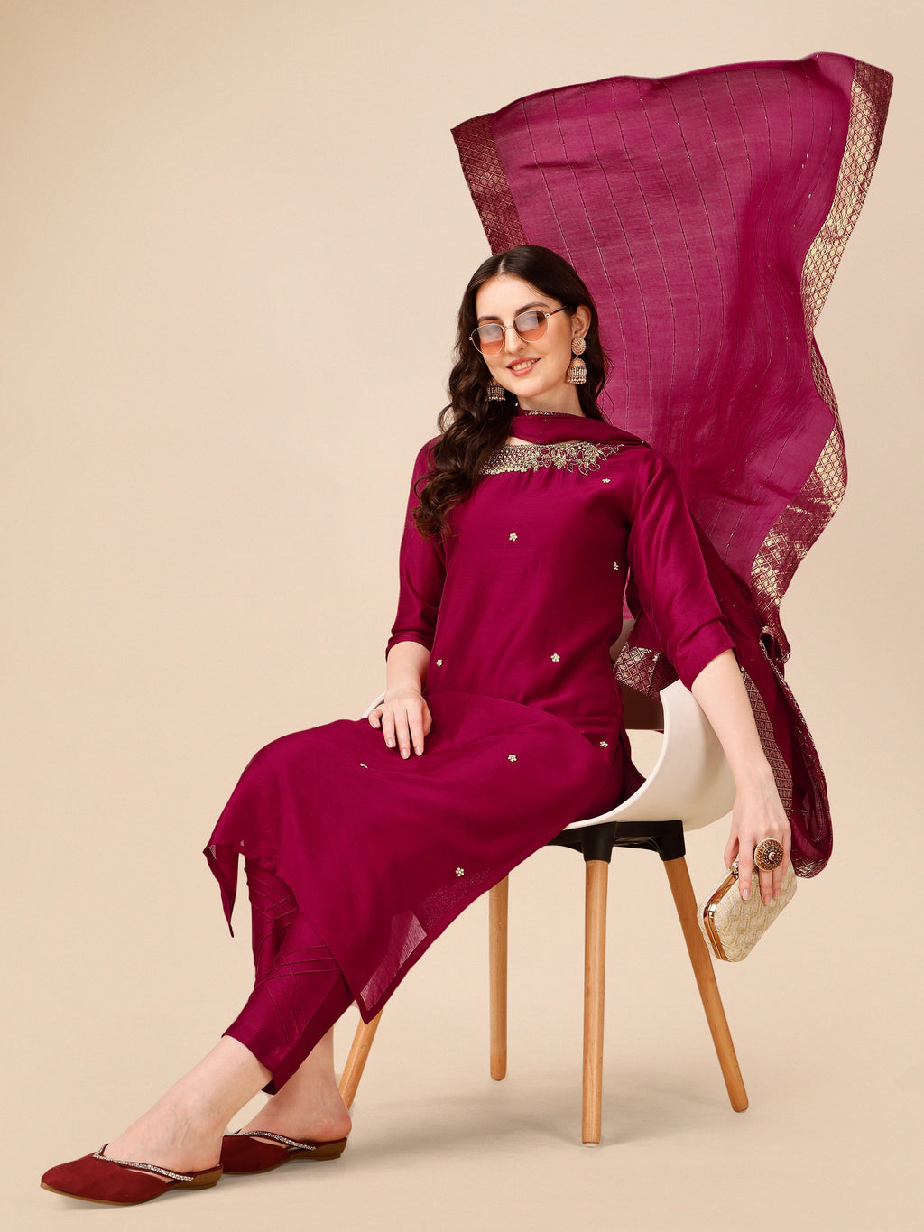 Hand Embroidered Kurta With Pant And Dupatta Set, Multicolor - Hiral Fashion | Grocsy