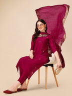 Hand Embroidered Kurta With Pant And Dupatta Set, Multicolor - Hiral Fashion | Grocsy