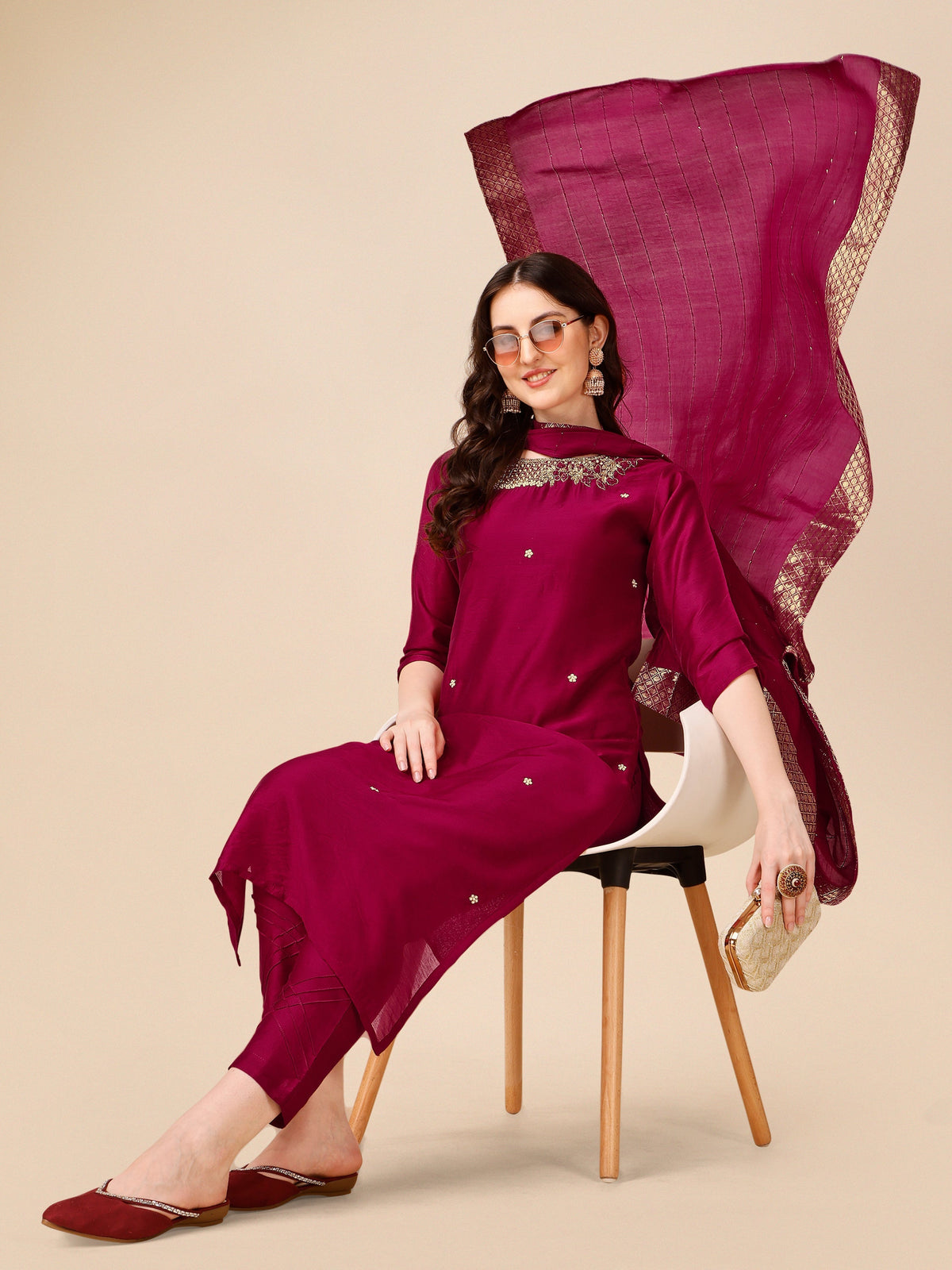 Hand Embroidered Kurta With Pant And Dupatta Set, Multicolor - Hiral Fashion | Grocsy
