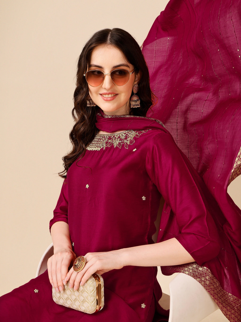 Hand Embroidered Kurta With Pant And Dupatta Set, Multicolor - Hiral Fashion | Grocsy