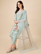 Hand Embroidered Kurta With Pant And Organza Dupatta Set, Multicolor - Hiral Fashion | Grocsy