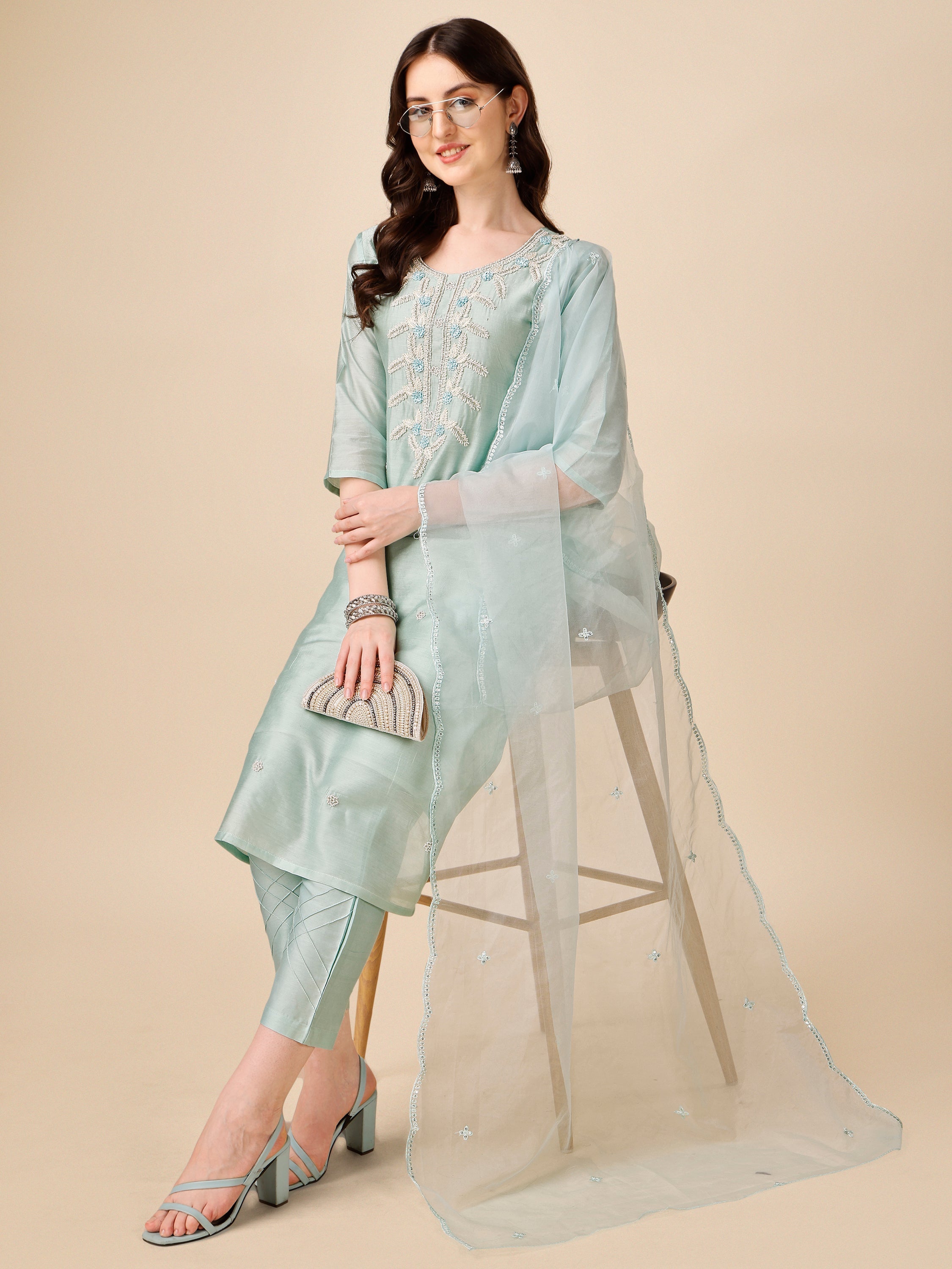 Hand Embroidered Kurta With Pant And Organza Dupatta Set, Multicolor - Hiral Fashion | Grocsy