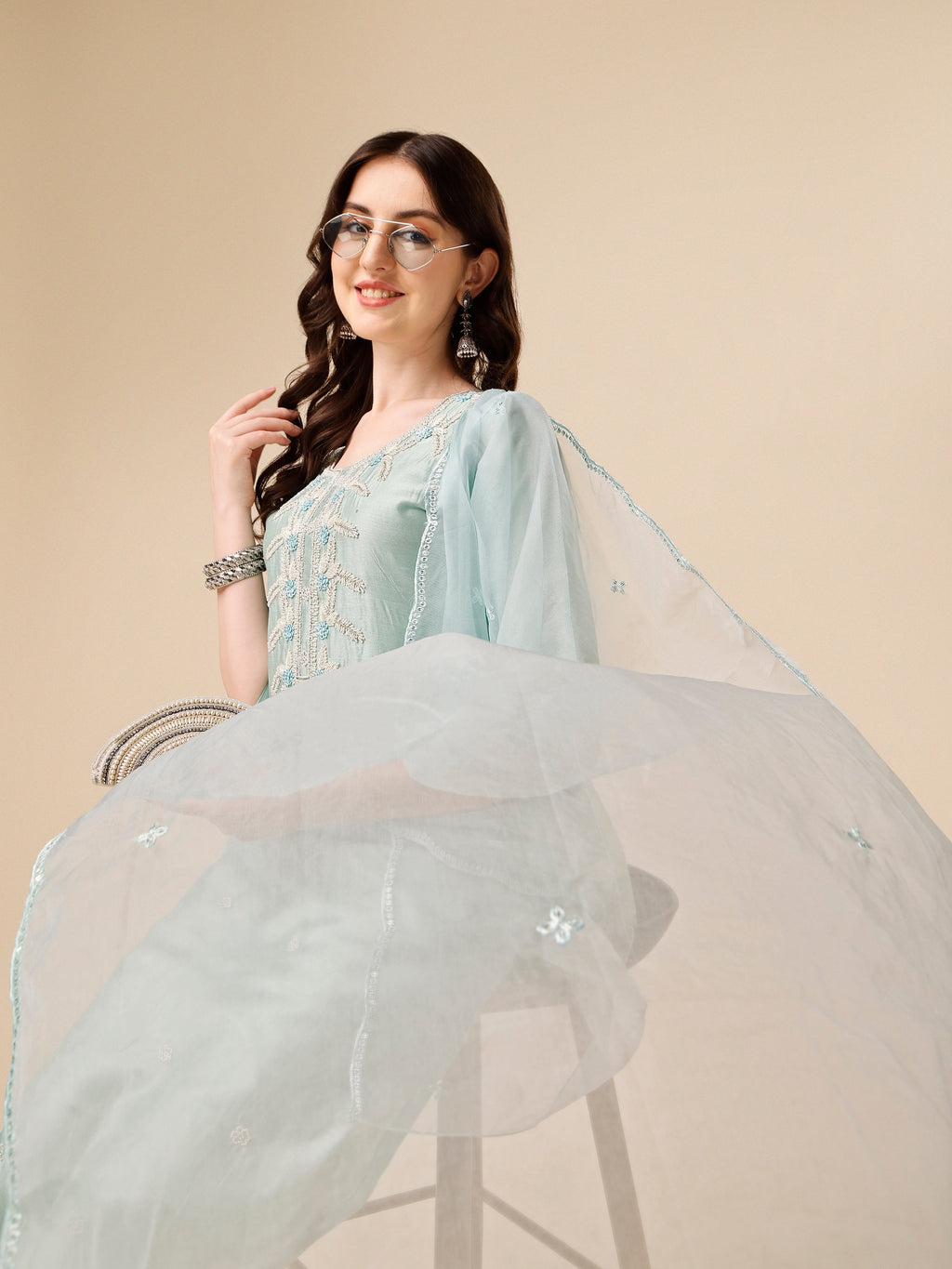 Hand Embroidered Kurta With Pant And Organza Dupatta Set, Multicolor - Hiral Fashion | Grocsy