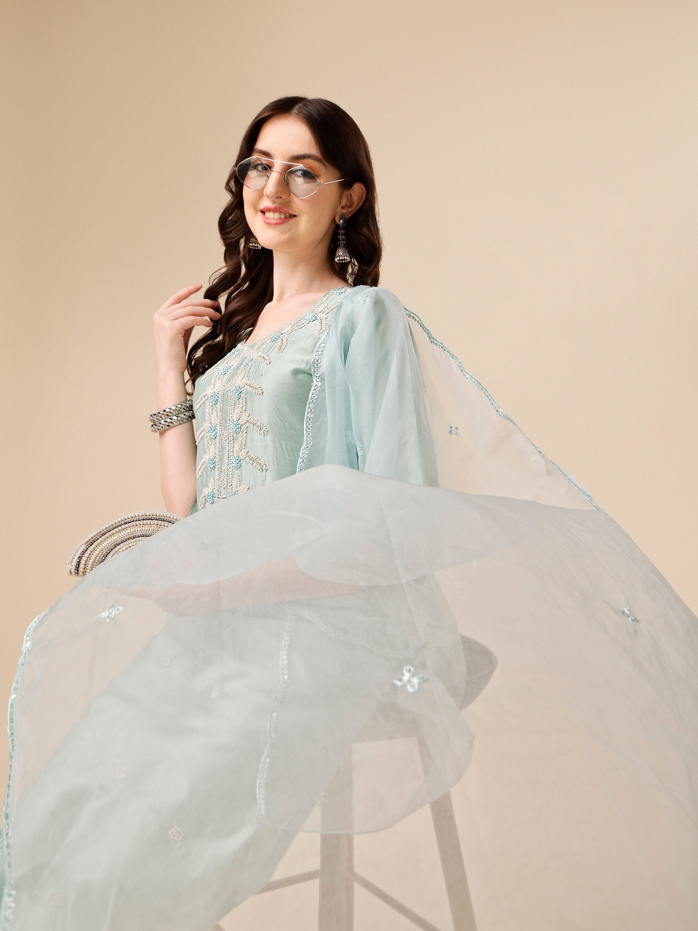Hand Embroidered Kurta With Pant And Organza Dupatta Set, Multicolor - Hiral Fashion | Grocsy
