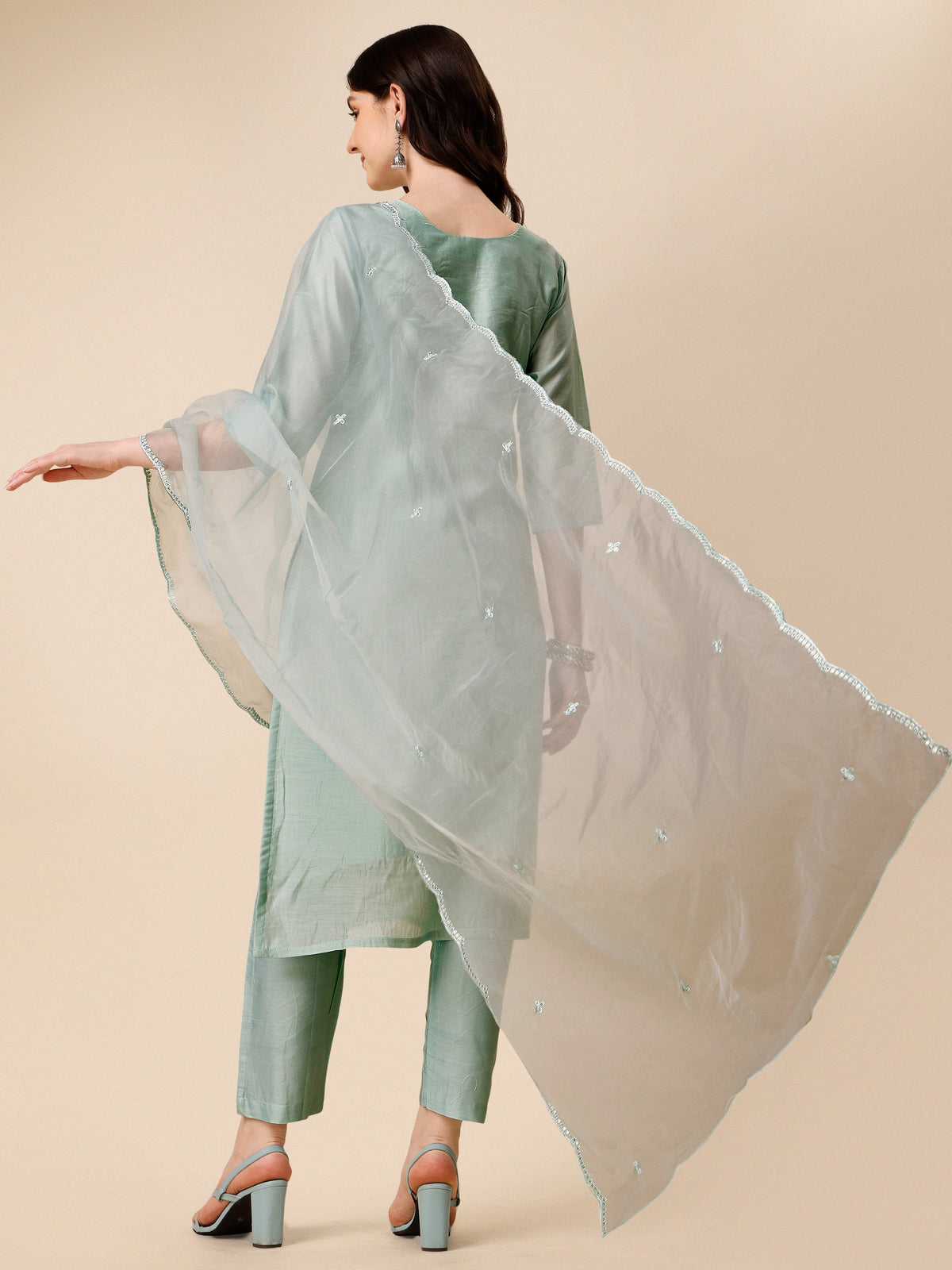 Hand Embroidered Kurta With Pant And Organza Dupatta Set, Multicolor - Hiral Fashion | Grocsy