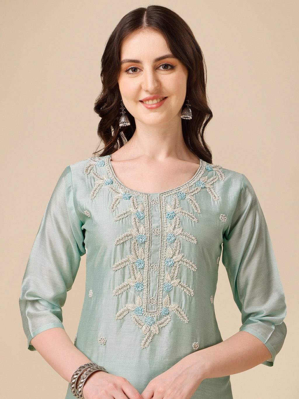 Hand Embroidered Kurta With Pant And Organza Dupatta Set, Multicolor - Hiral Fashion | Grocsy