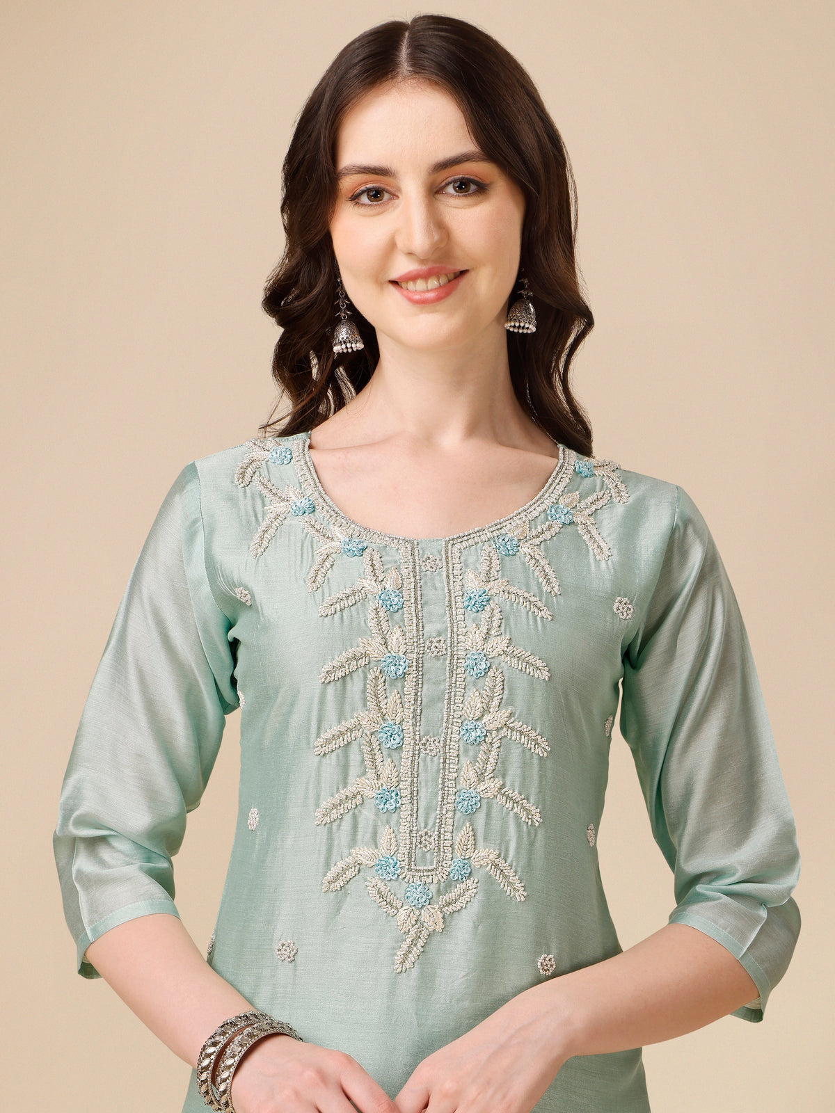 Hand Embroidered Kurta With Pant And Organza Dupatta Set, Multicolor - Hiral Fashion | Grocsy
