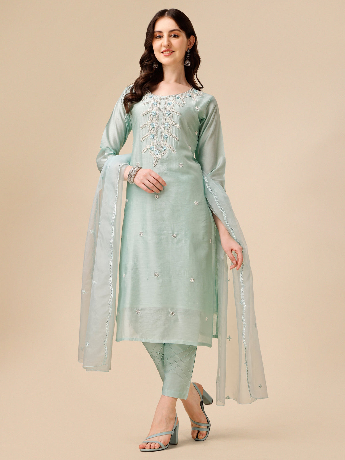 Hand Embroidered Kurta With Pant And Organza Dupatta Set, Multicolor - Hiral Fashion | Grocsy