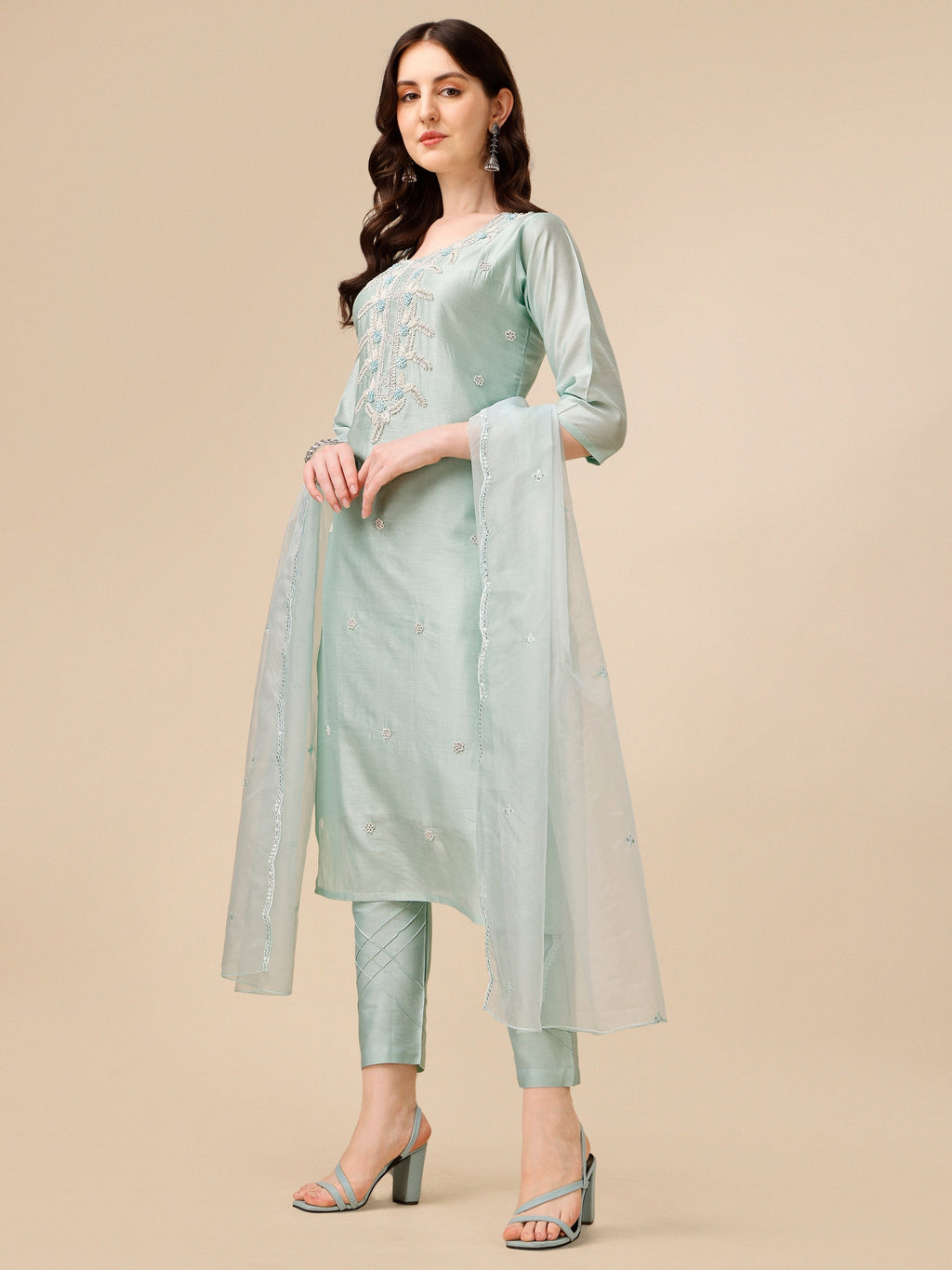 Hand Embroidered Kurta With Pant And Organza Dupatta Set, Multicolor - Hiral Fashion | Grocsy