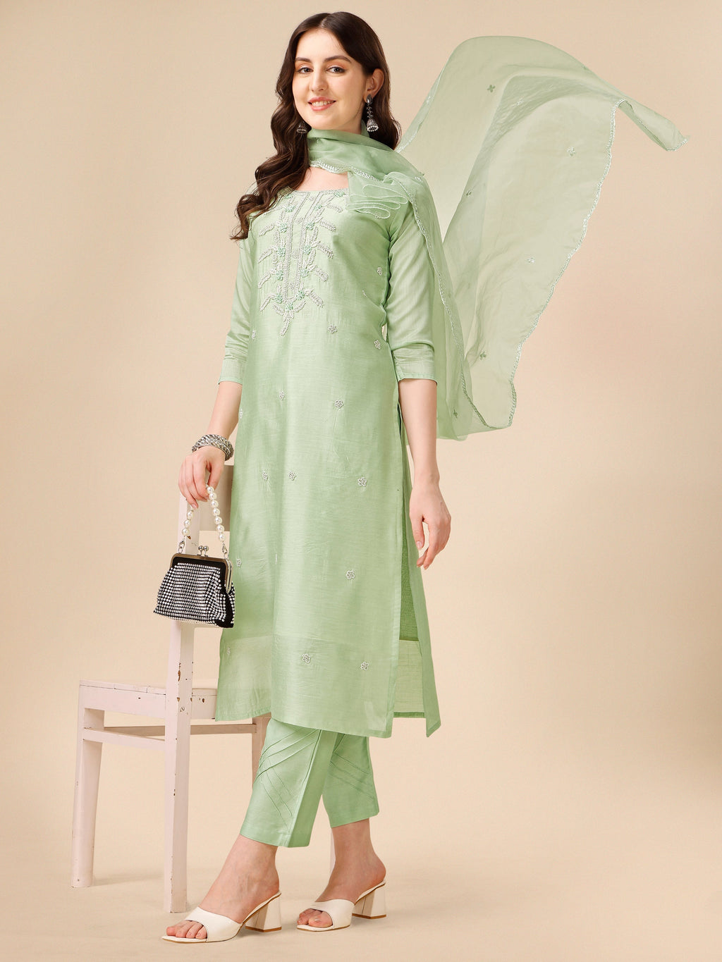 Hand Embroidered Kurta With Pant And Dupatta Set, Multicolor - Hiral Fashion | Grocsy
