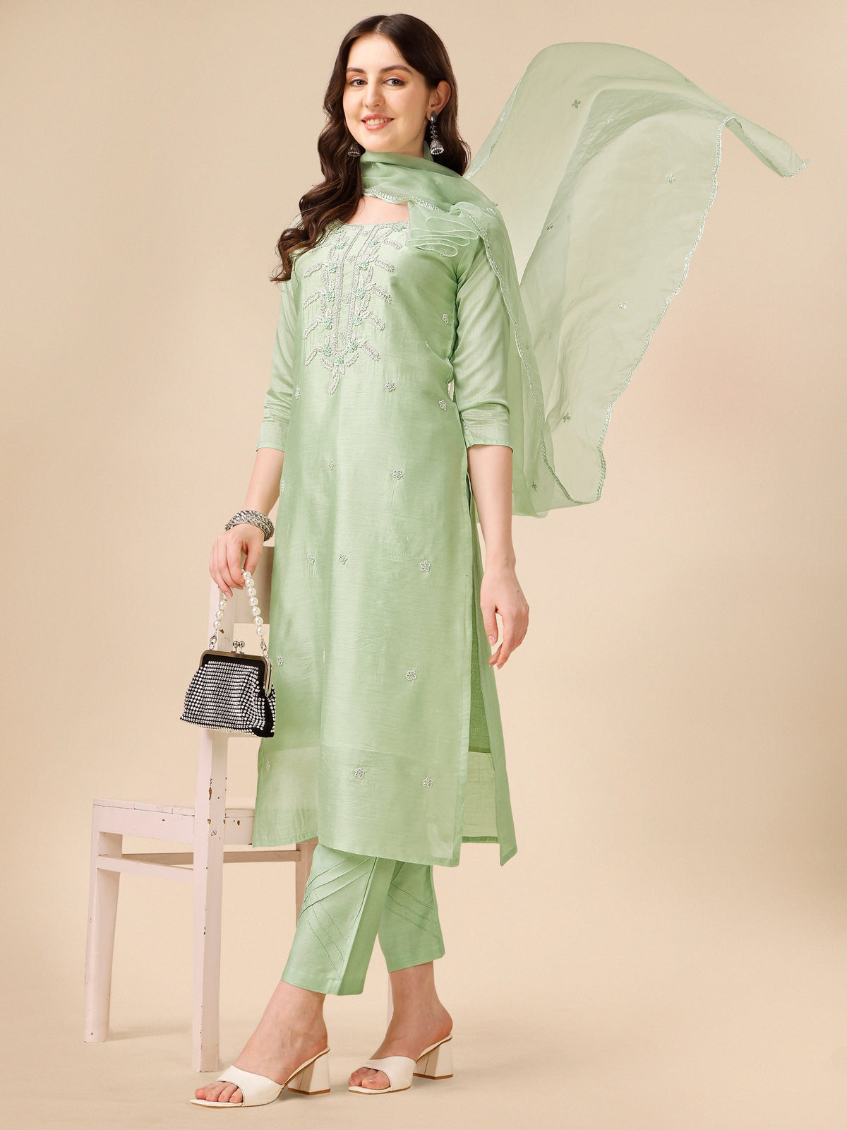 Hand Embroidered Kurta With Pant And Dupatta Set, Multicolor - Hiral Fashion | Grocsy
