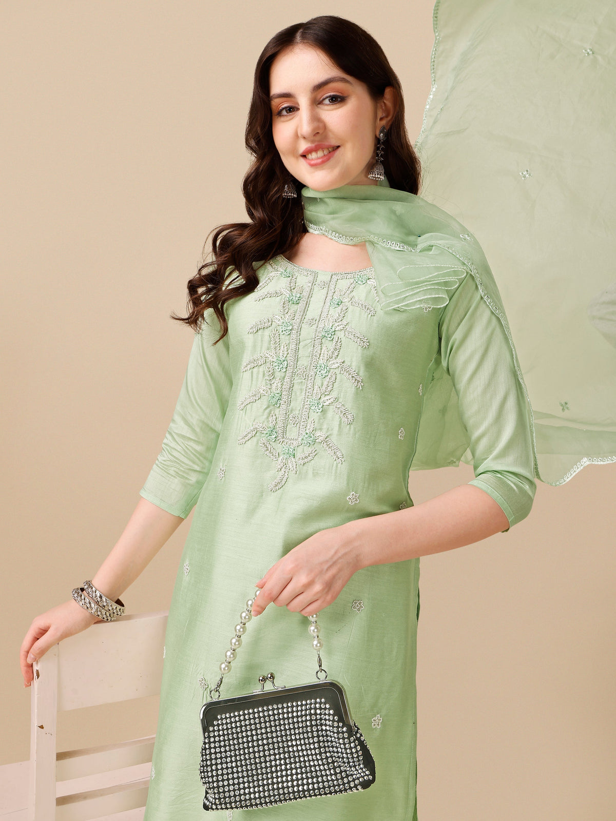 Hand Embroidered Kurta With Pant And Dupatta Set, Multicolor - Hiral Fashion | Grocsy