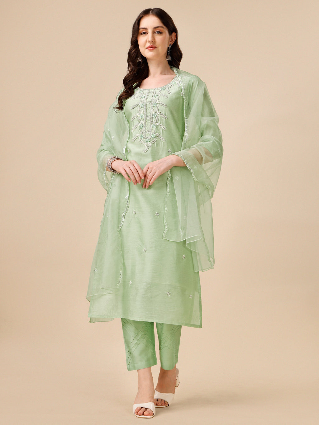 Hand Embroidered Kurta With Pant And Dupatta Set, Multicolor - Hiral Fashion | Grocsy