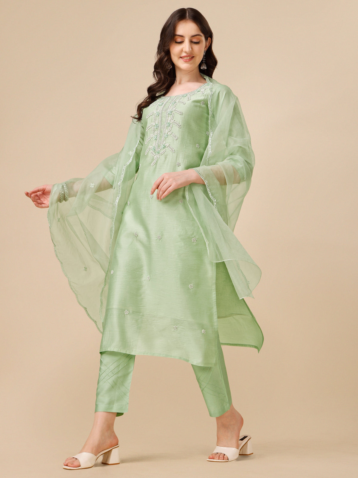 Hand Embroidered Kurta With Pant And Dupatta Set, Multicolor - Hiral Fashion | Grocsy
