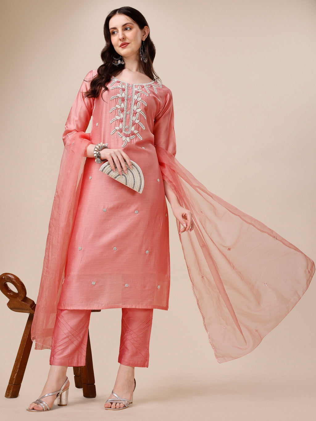 Hand Embroidered Kurta With Pant & Organza Dupatta, Multicolor - Hiral Fashion | Grocsy