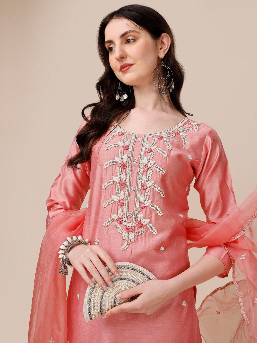 Hand Embroidered Kurta With Pant & Organza Dupatta, Multicolor - Hiral Fashion | Grocsy