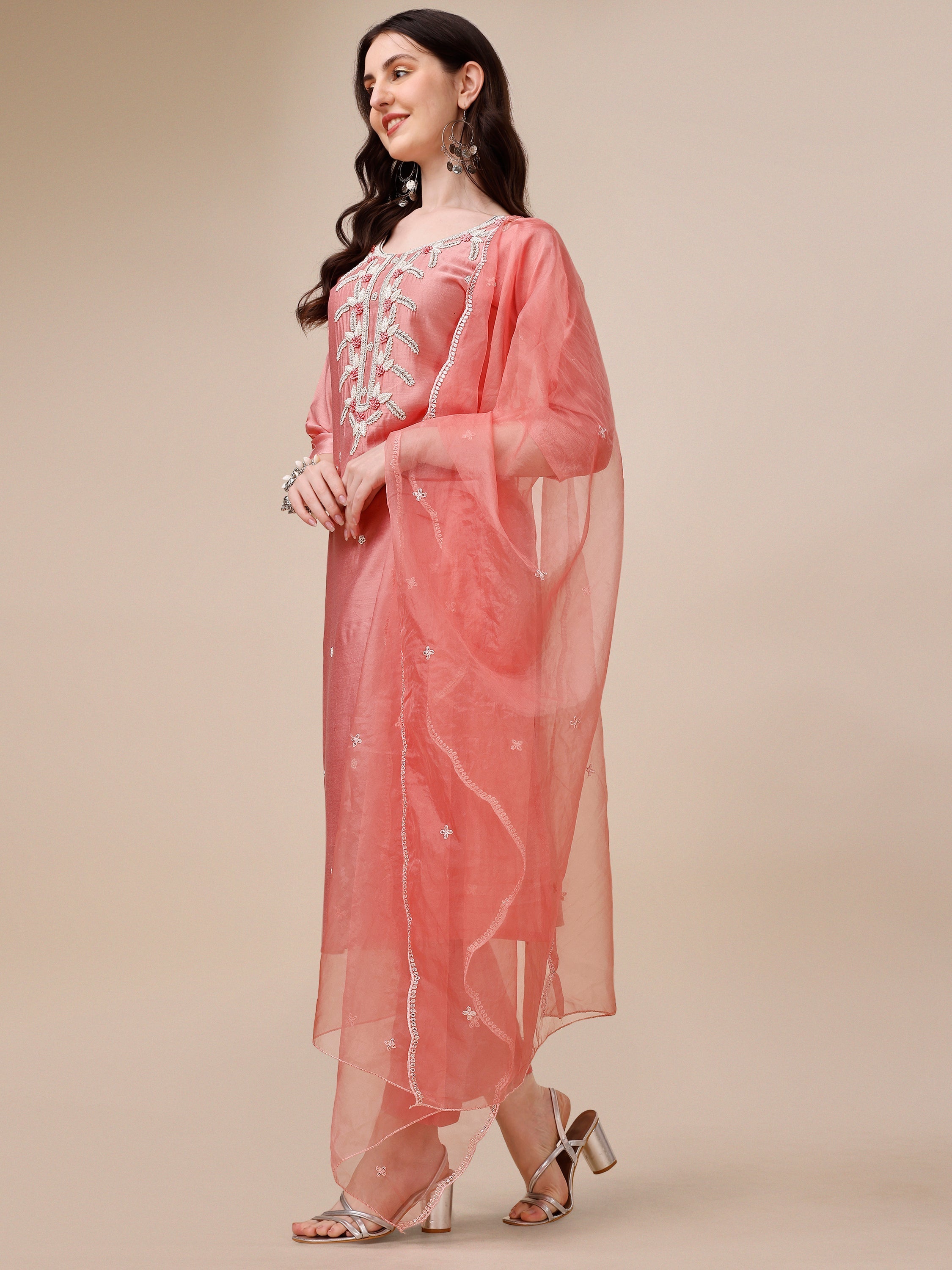 Hand Embroidered Kurta With Pant & Organza Dupatta, Multicolor - Hiral Fashion | Grocsy