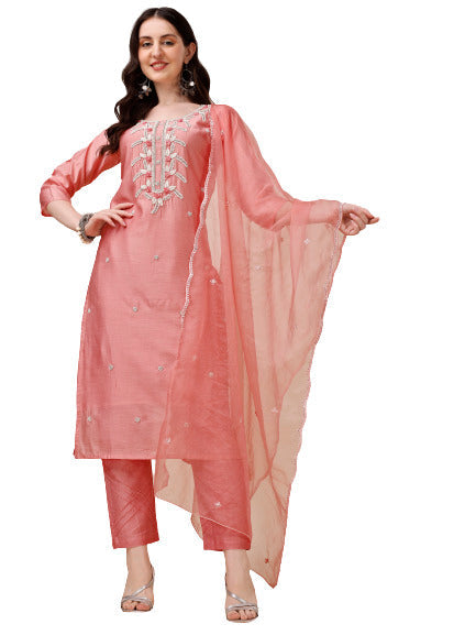 Hand Embroidered Kurta With Pant & Organza Dupatta, Multicolor - Hiral Fashion | Grocsy
