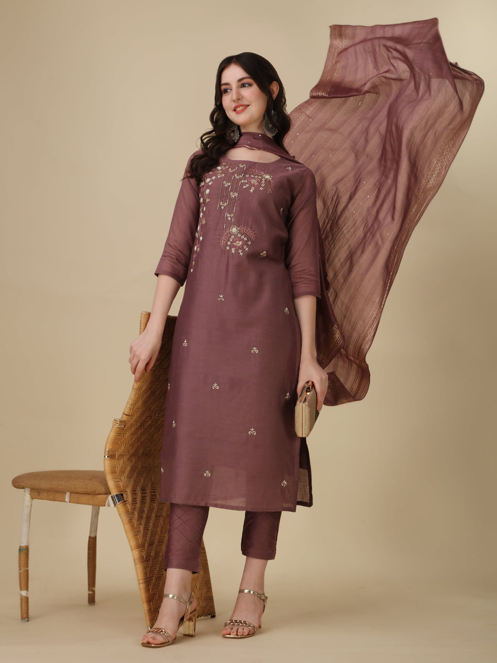 Hand Embroidered Kurta With Pant And Dupatta Set, Multicolor - Hiral Fashion | Grocsy