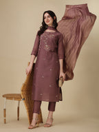 Hand Embroidered Kurta With Pant And Dupatta Set, Multicolor - Hiral Fashion | Grocsy