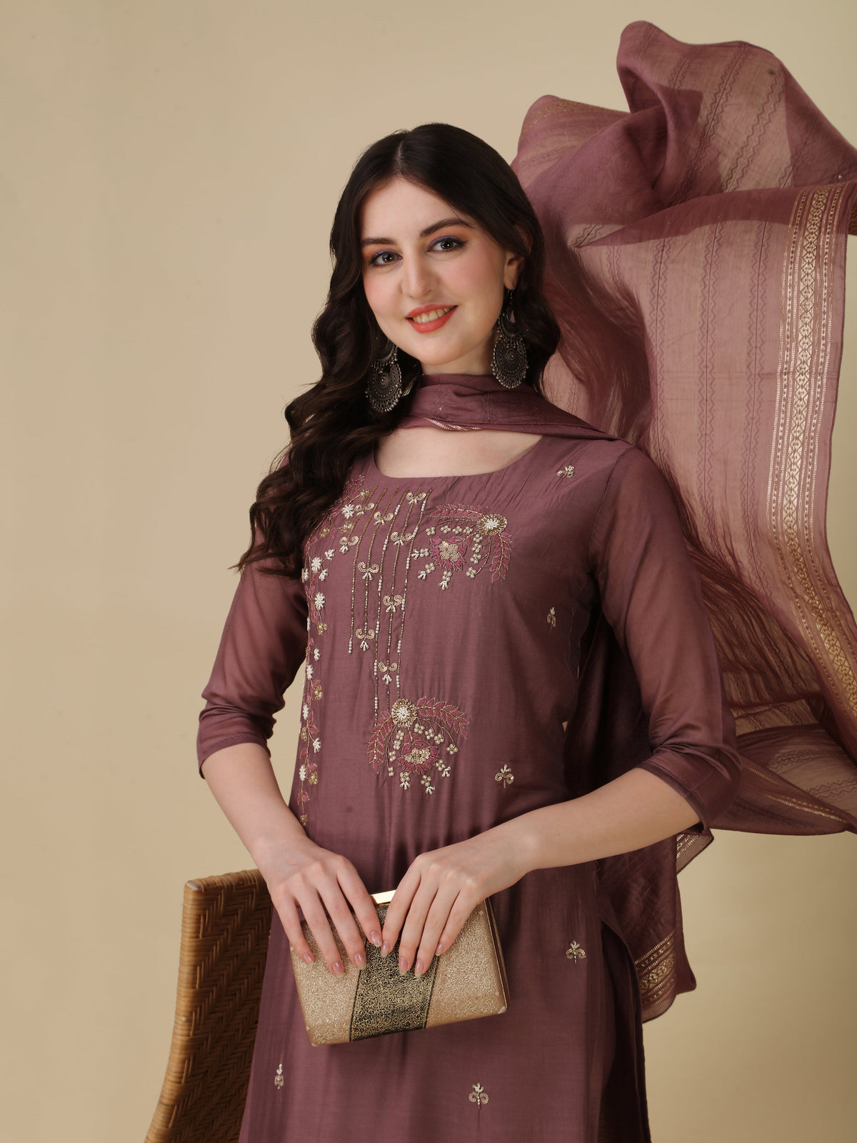 Hand Embroidered Kurta With Pant And Dupatta Set, Multicolor - Hiral Fashion | Grocsy