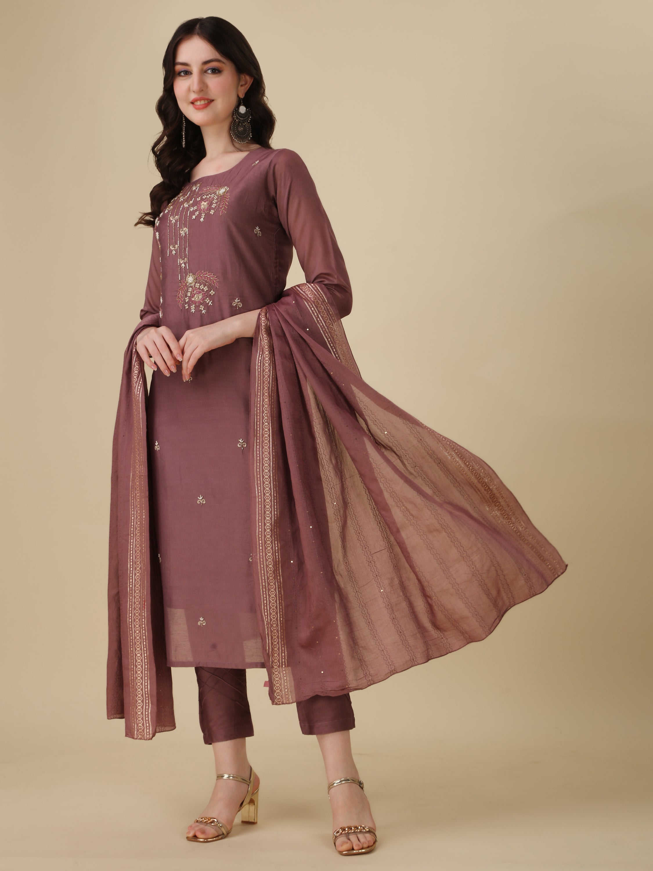 Hand Embroidered Kurta With Pant And Dupatta Set, Multicolor - Hiral Fashion | Grocsy