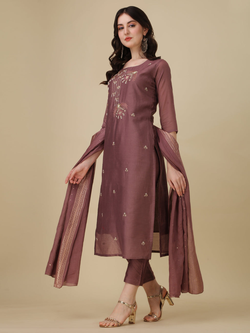 Hand Embroidered Kurta With Pant And Dupatta Set, Multicolor - Hiral Fashion | Grocsy