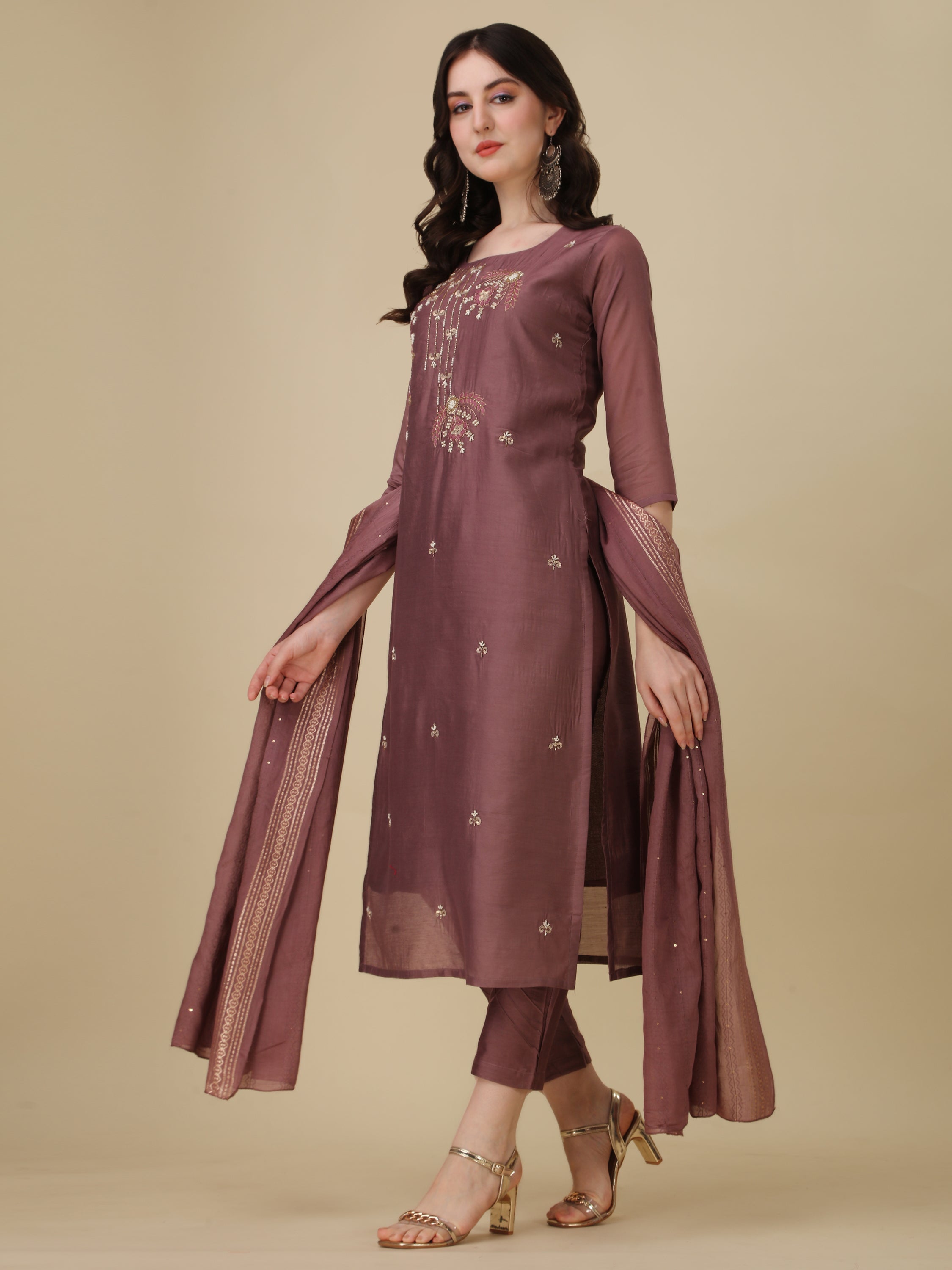 Hand Embroidered Kurta With Pant And Dupatta Set, Multicolor - Hiral Fashion | Grocsy