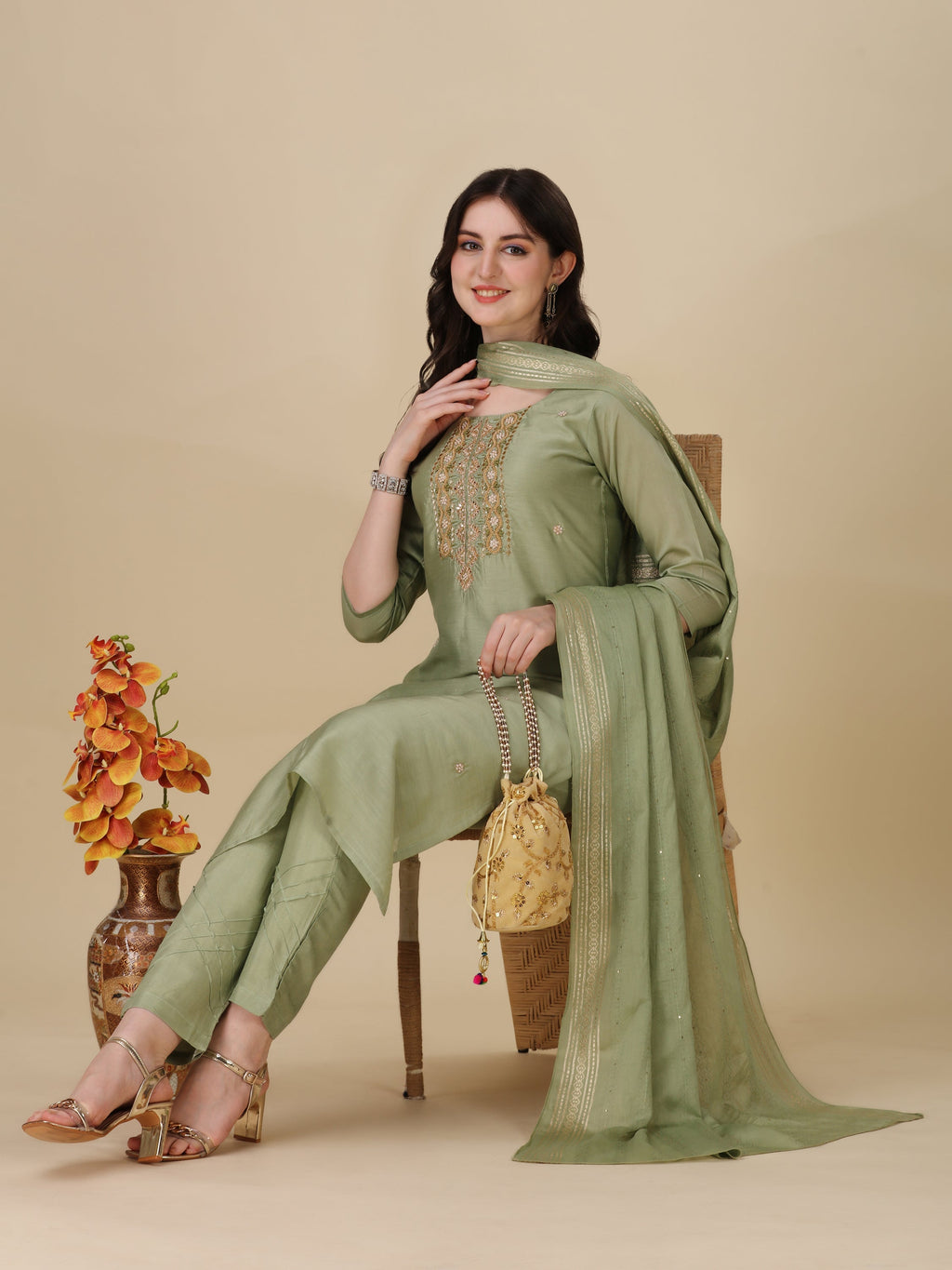 Embroidered Kurta With Pant And Dupatta Set, Multicolor - Hiral Fashion | Grocsy