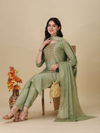 Embroidered Kurta With Pant And Dupatta Set, Multicolor - Hiral Fashion | Grocsy