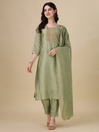 Embroidered Kurta With Pant And Dupatta Set, Multicolor - Hiral Fashion | Grocsy