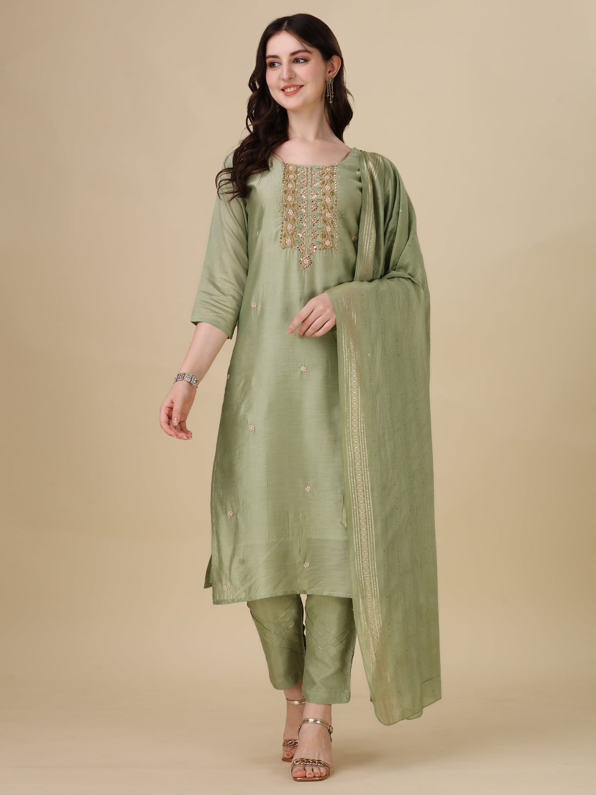 Embroidered Kurta With Pant And Dupatta Set, Multicolor - Hiral Fashion | Grocsy