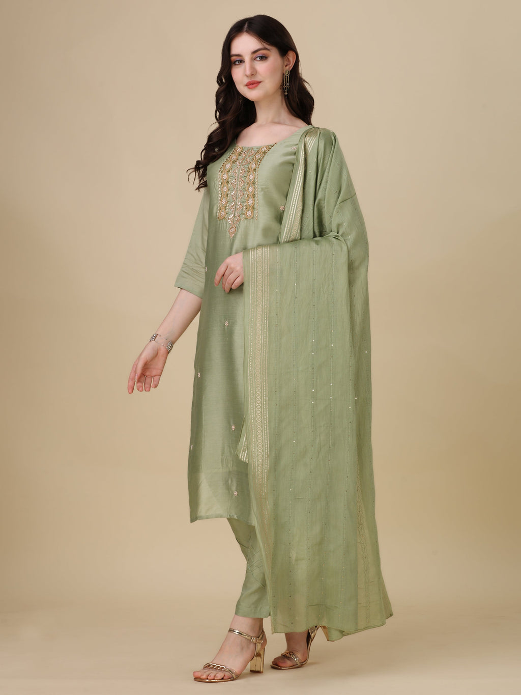 Embroidered Kurta With Pant And Dupatta Set, Multicolor - Hiral Fashion | Grocsy