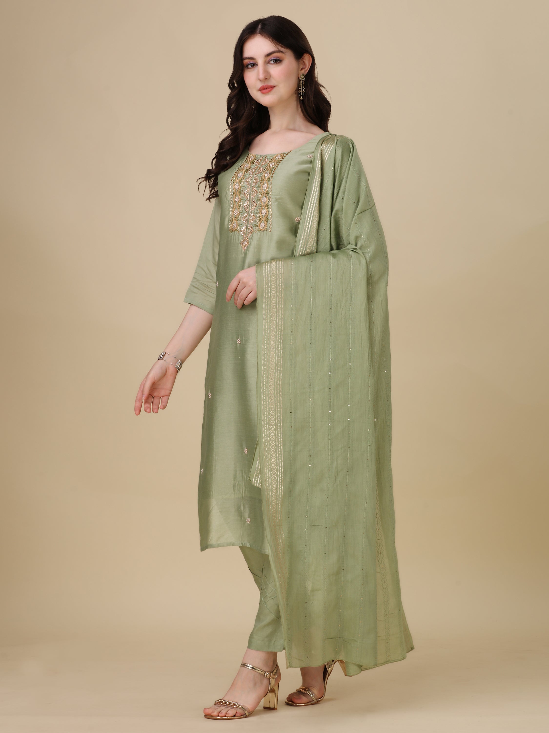 Embroidered Kurta With Pant And Dupatta Set, Multicolor - Hiral Fashion | Grocsy