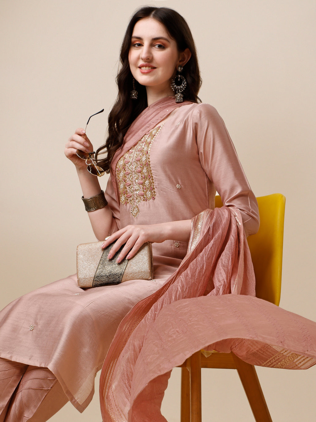 Embroidered Kurta With Pant And Dupatta Set, Multicolor - Hiral Fashion | Grocsy