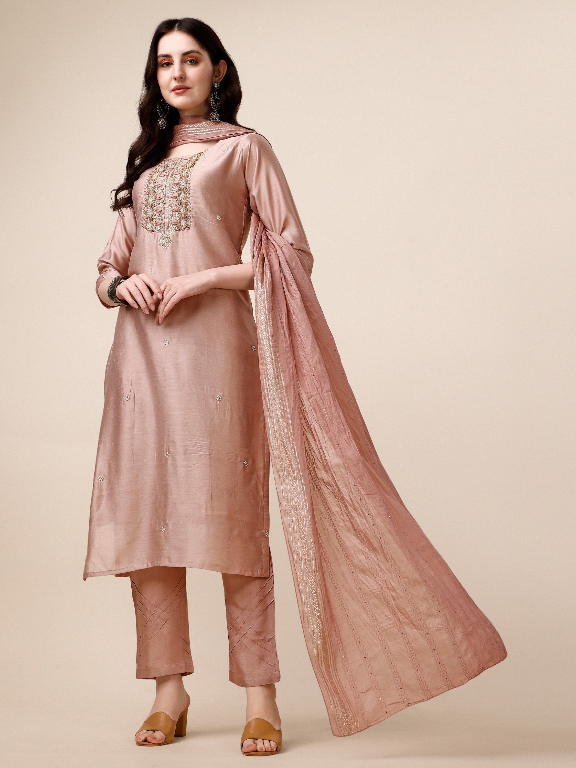 Embroidered Kurta With Pant And Dupatta Set, Multicolor - Hiral Fashion | Grocsy