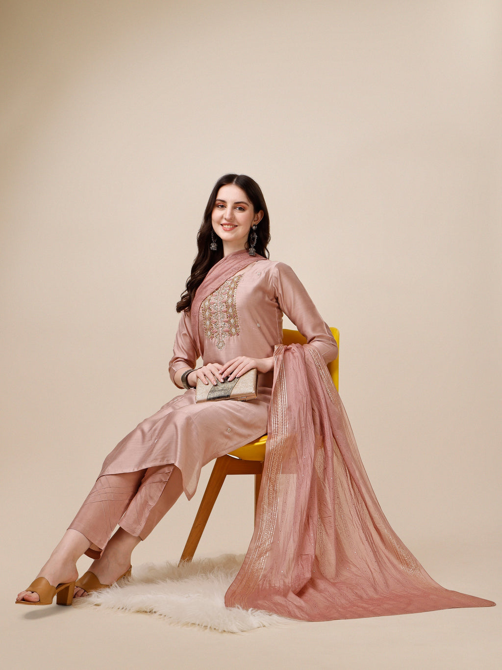 Embroidered Kurta With Pant And Dupatta Set, Multicolor - Hiral Fashion | Grocsy