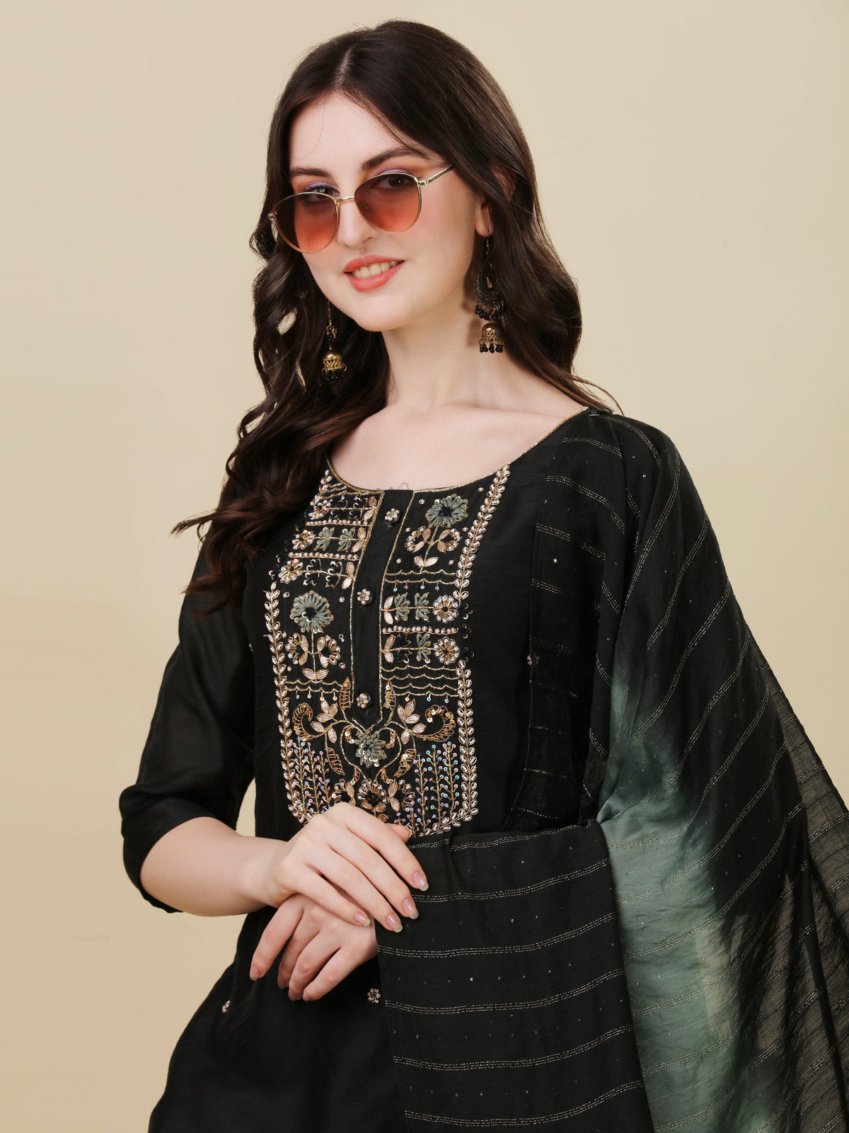 Embroidered Kurta With Pant And Dupatta Set, Multicolor - Hiral Fashion | Grocsy