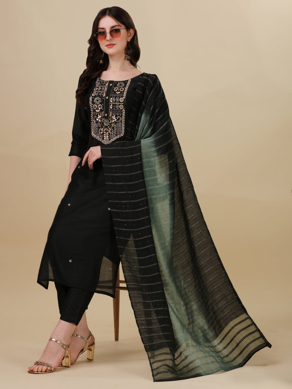 Embroidered Kurta With Pant And Dupatta Set, Multicolor - Hiral Fashion | Grocsy