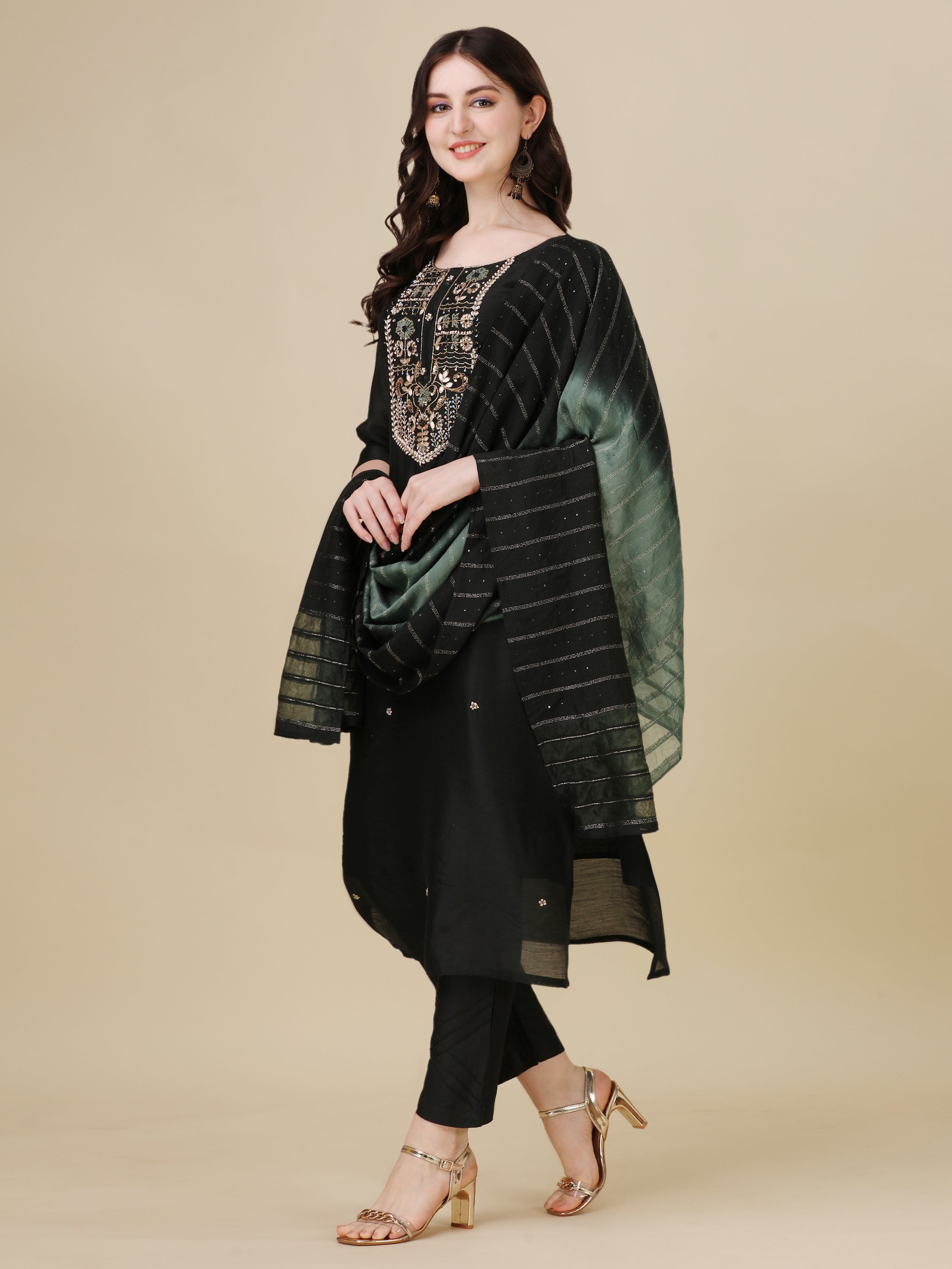 Embroidered Kurta With Pant And Dupatta Set, Multicolor - Hiral Fashion | Grocsy