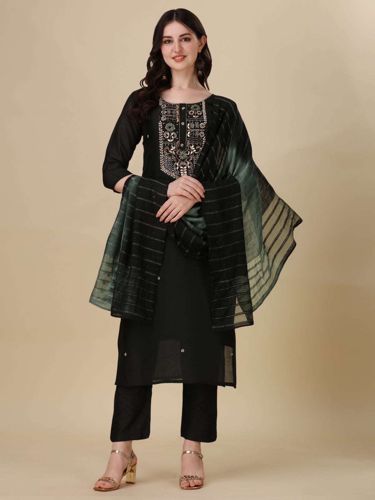 Embroidered Kurta With Pant And Dupatta Set, Multicolor - Hiral Fashion | Grocsy