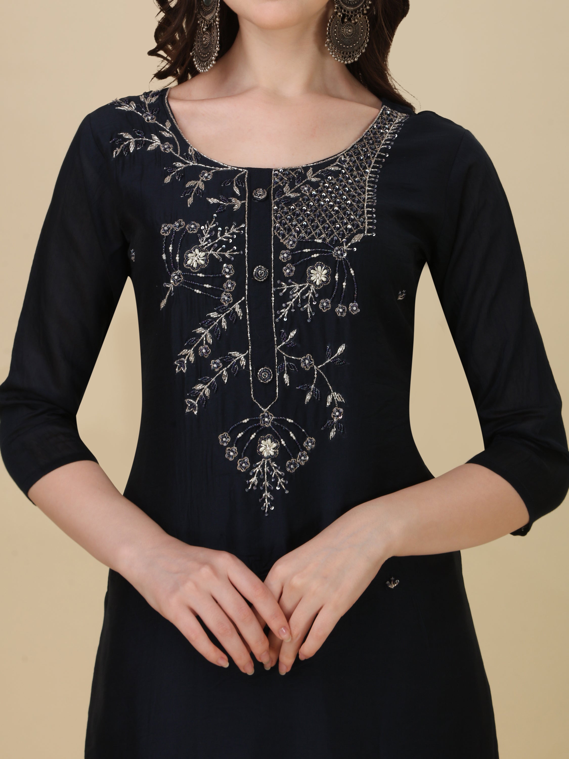 Hand Embroidered Kurta With Pant And Dupatta Set, Multicolor - Hiral Fashion | Grocsy