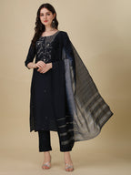Hand Embroidered Kurta With Pant And Dupatta Set, Multicolor - Hiral Fashion | Grocsy