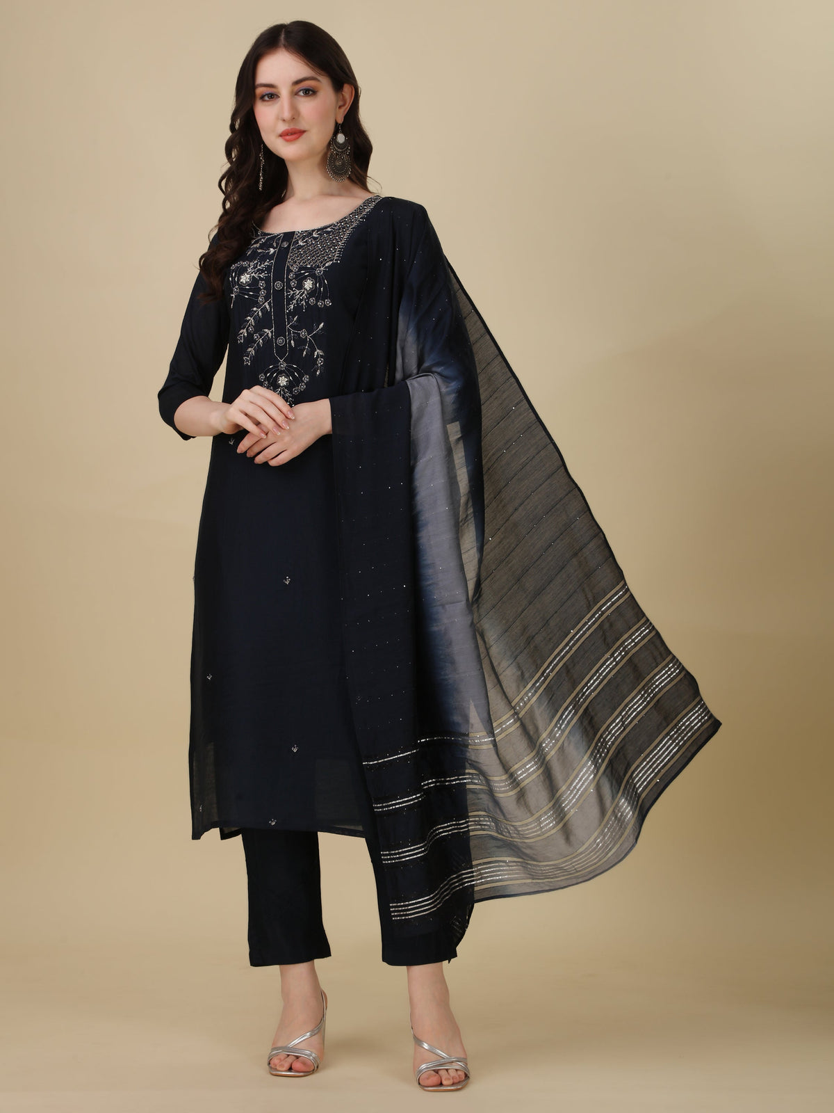 Hand Embroidered Kurta With Pant And Dupatta Set, Multicolor - Hiral Fashion | Grocsy