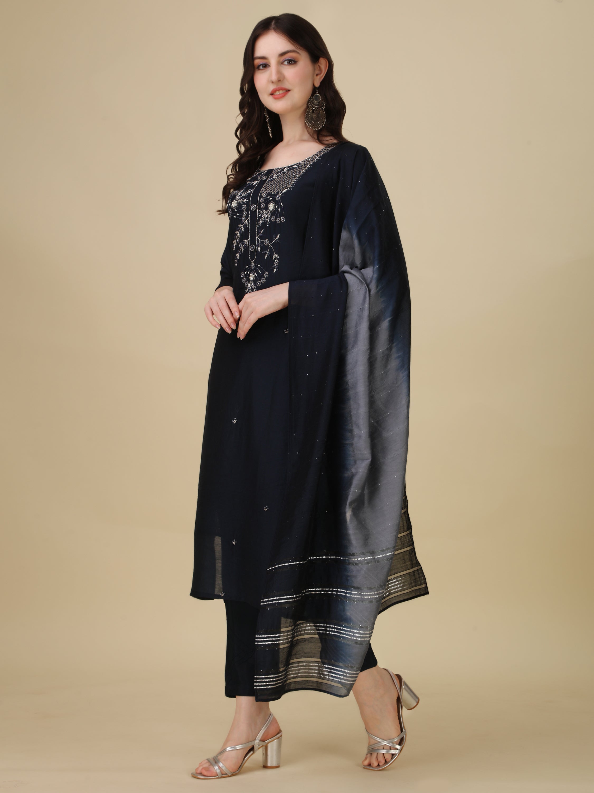 Hand Embroidered Kurta With Pant And Dupatta Set, Multicolor - Hiral Fashion | Grocsy